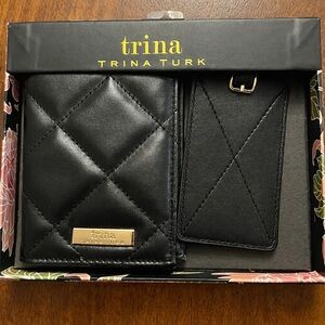 Trina Turk Black Quilted passport holder and luggage tag